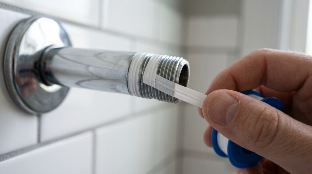 wrapping teflon tape clockwise around shower arm threads before installing new shower head