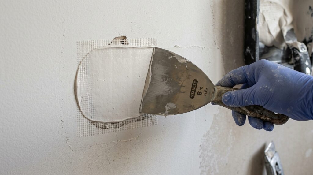 feathering joint compound over drywall patch with 6-inch putty knife