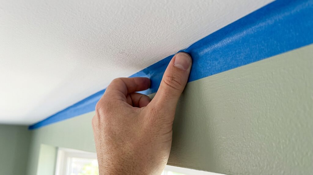 pressing painter's tape along ceiling line before painting