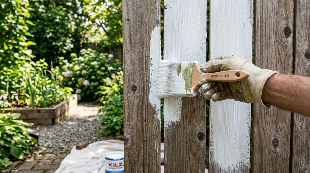 applying white primer to wood fence boards with paintbrush before painting
