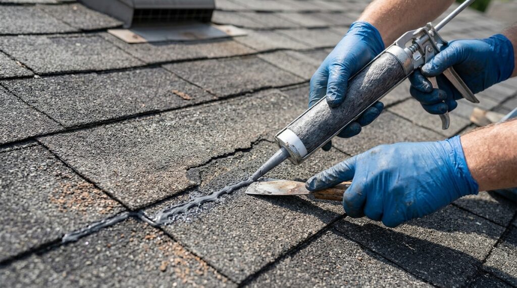 applying roofing caulk to cracked asphalt shingle during roof repair