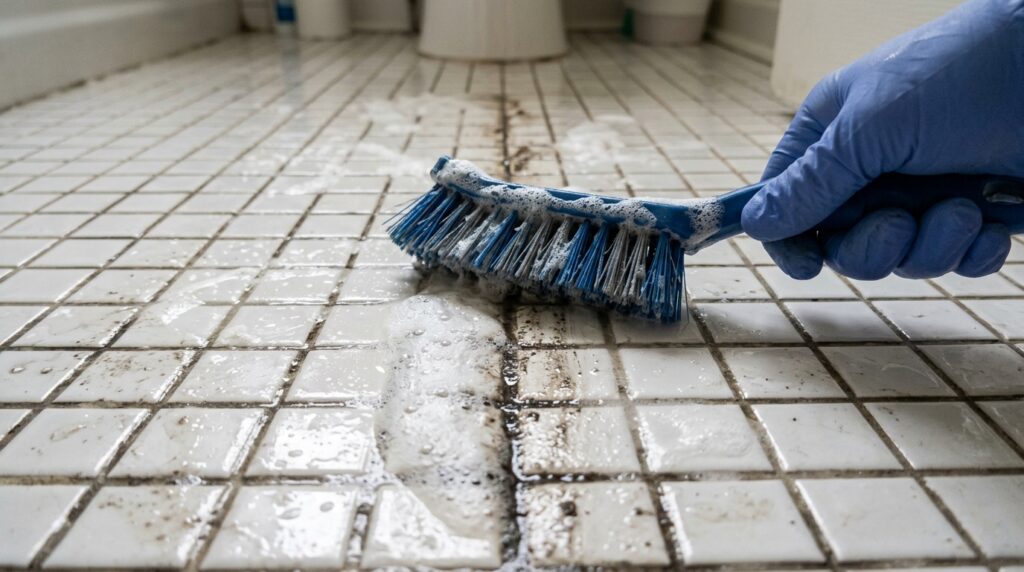 grout brush scrubbing dirty grout lines with oxygen bleach cleaner between ceramic tiles