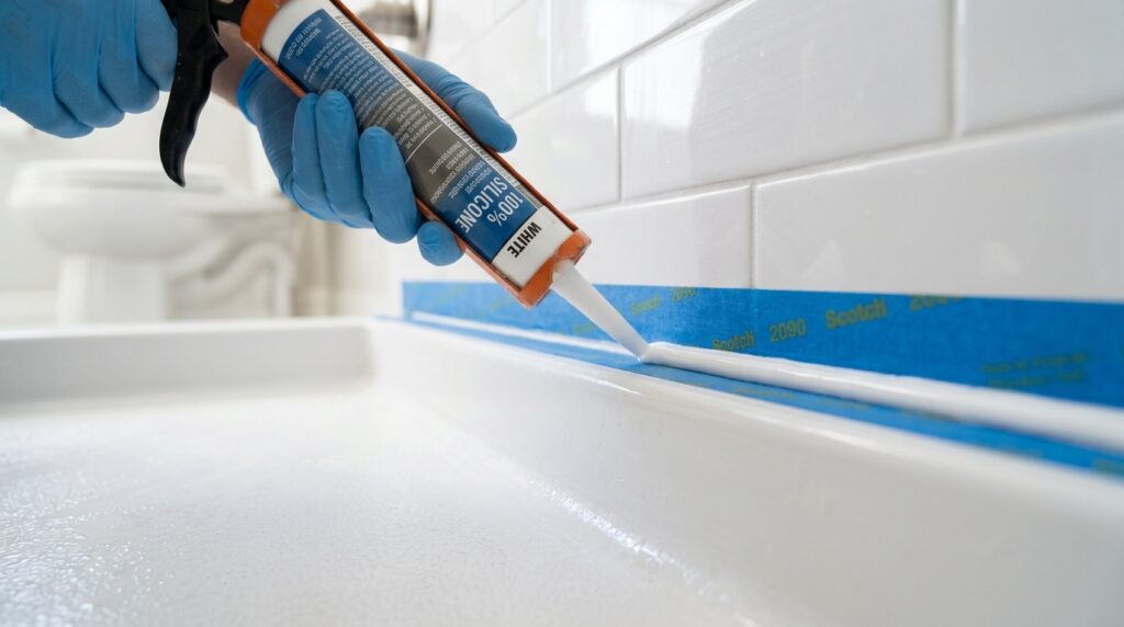 caulk gun applying smooth silicone caulk bead along shower tile joint with painter's tape on both sides