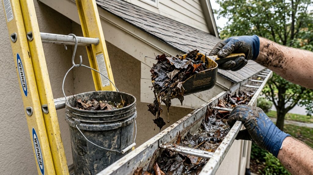 gloved hands using gutter scoop to remove packed leaves from aluminum gutter
