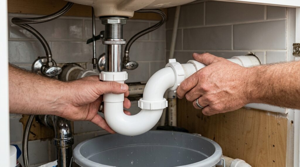connecting PVC P-trap under bathroom sink during vanity installation