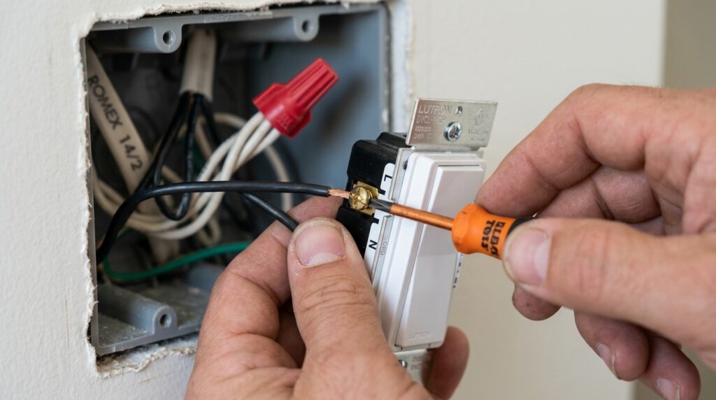connecting wires to new dimmer switch terminals during installation