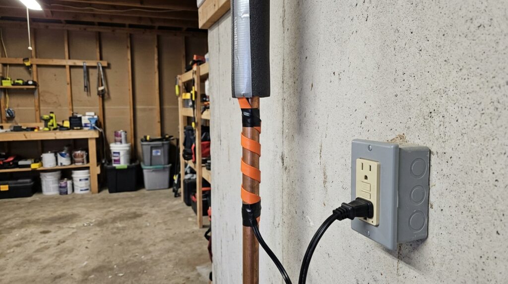 electric heat tape wrapped around pipe and covered with foam insulation for freeze protection