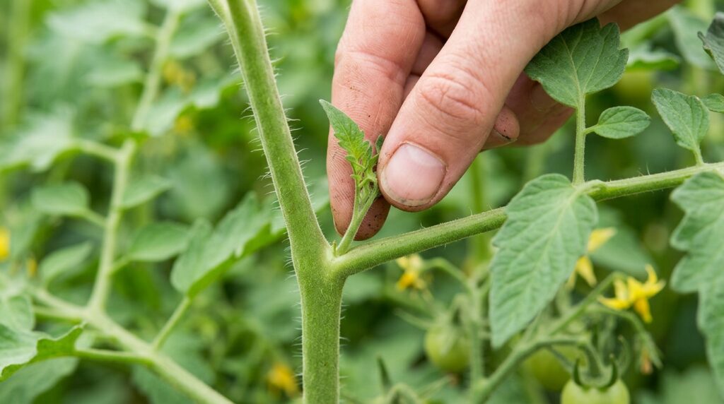fingers pinching off tomato sucker growing in crotch between main stem and branch