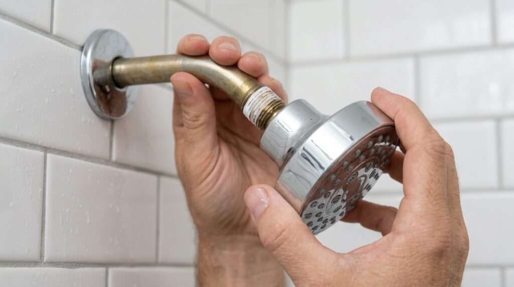 threading new shower head onto shower arm by hand during installation
