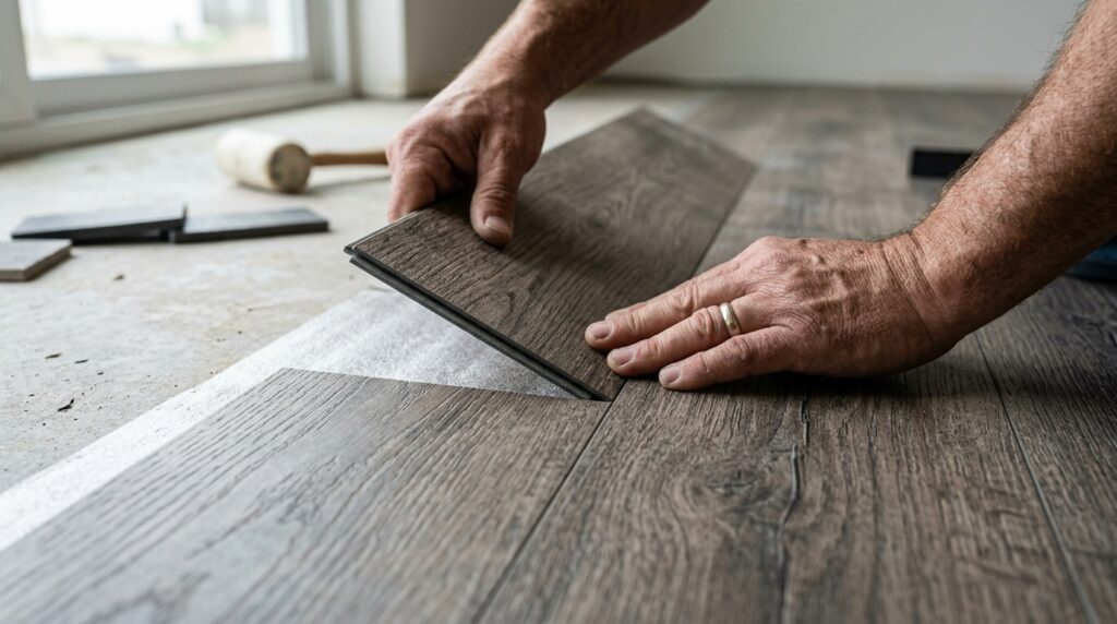 clicking vinyl plank into previous row at angle showing tongue and groove connection