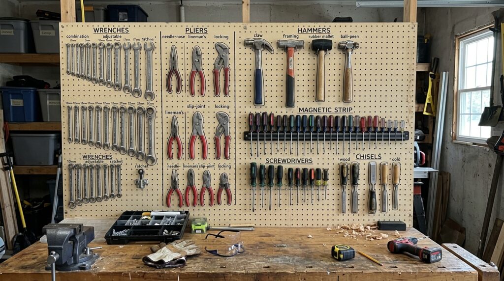 organized pegboard wall in garage workshop with hand tools hung by category on hooks