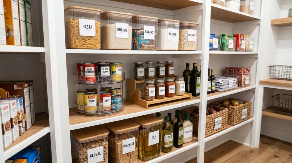 organized pantry with clear labeled bins lazy susan and shelf risers