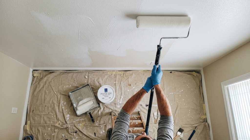 rolling ceiling paint in W pattern with wide roller on extension pole