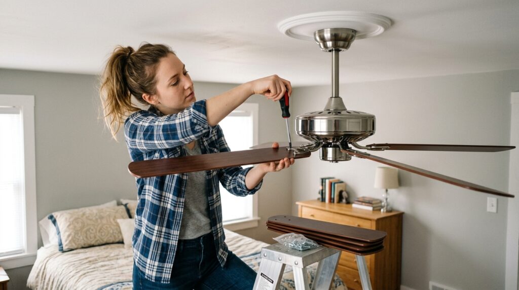 attaching ceiling fan blades to motor with screwdriver during installation