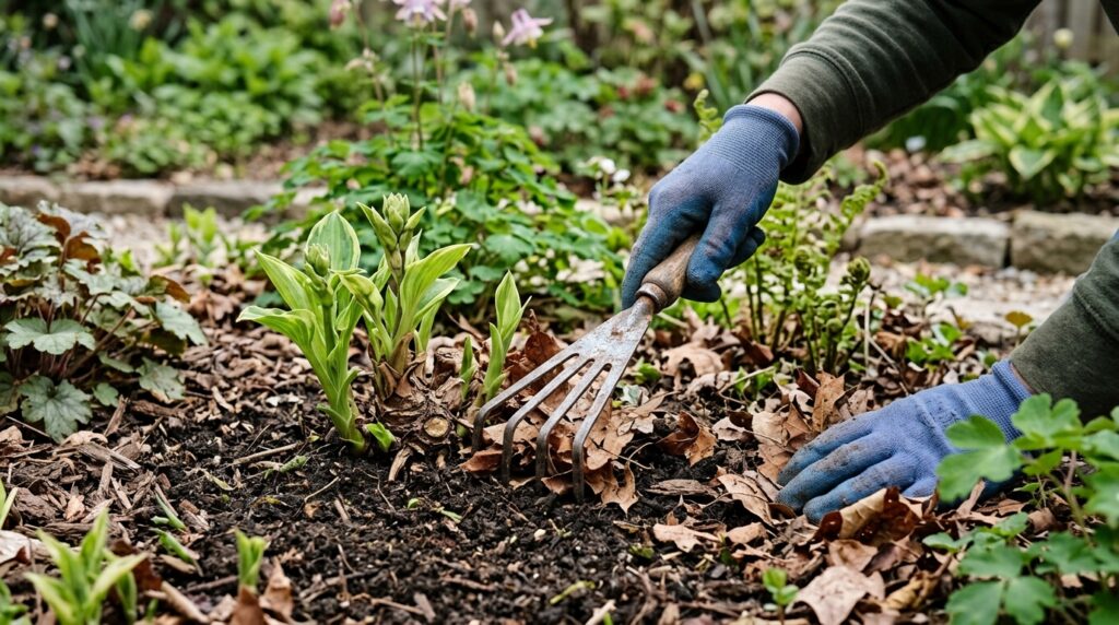 using narrow rake to remove leaves from garden bed near plant crowns