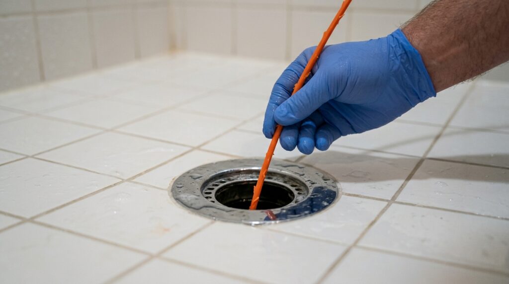 plastic drain snake inserted into shower drain to remove hair clog