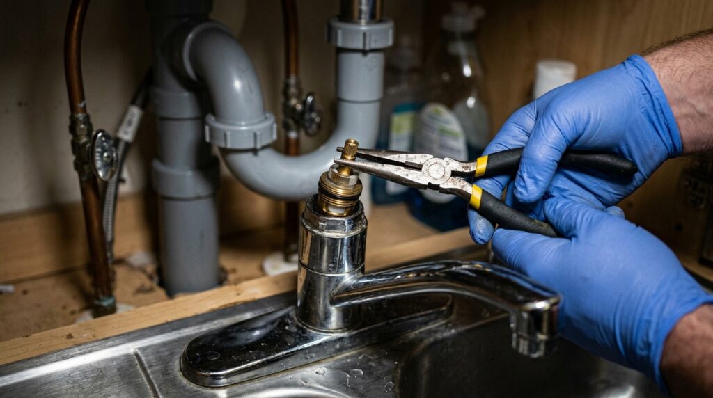 removing faucet cartridge with pliers from single handle faucet for replacement