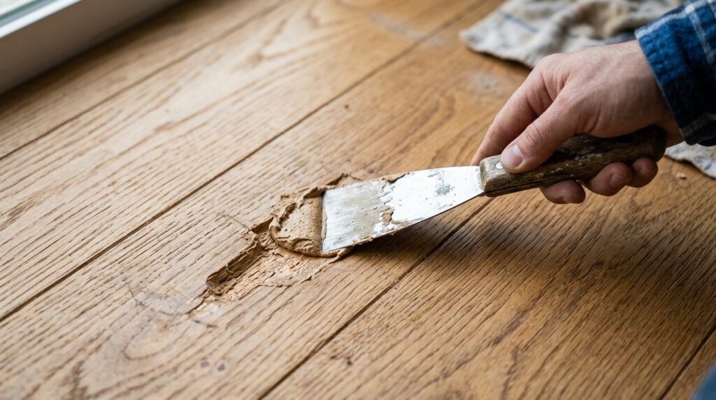 putty knife applying wood filler to gouge in hardwood floor