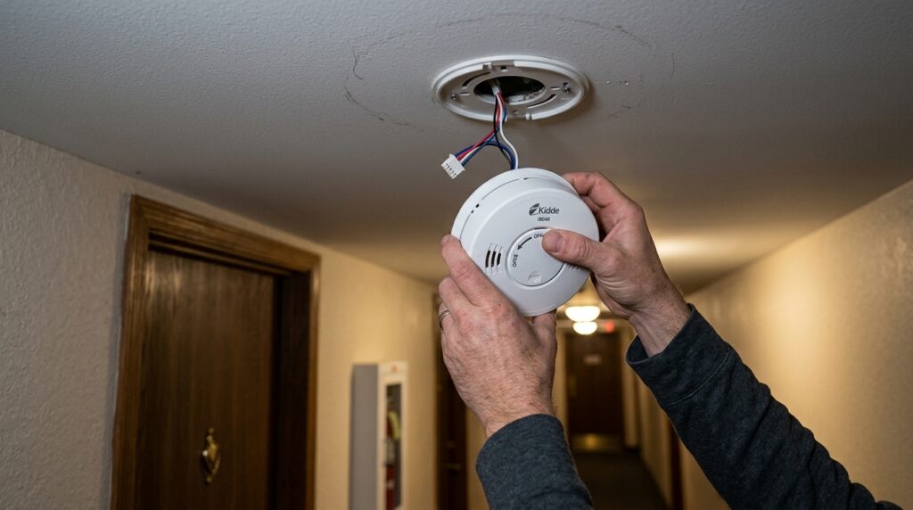 removing smoke detector from ceiling bracket by twisting counterclockwise