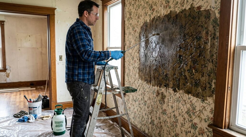 garden sprayer applying remover solution to scored wallpaper