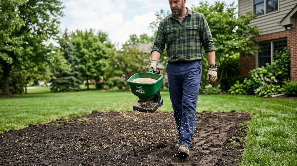 handheld spreader distributing grass seed over bare lawn patch