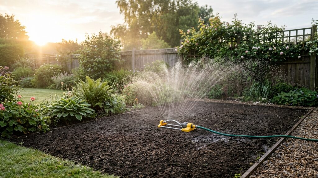 oscillating sprinkler lightly misting freshly seeded lawn area during germination window