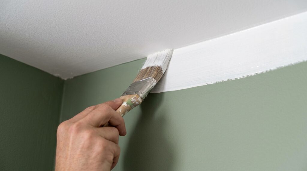 cutting in with angled brush along ceiling before rolling