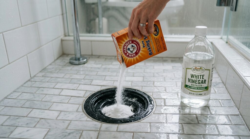 baking soda poured into shower drain for natural drain cleaning