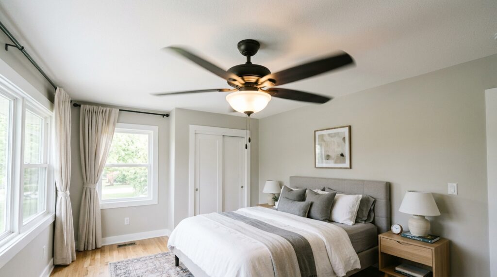 newly installed ceiling fan running in bedroom with light kit on and blades in motion