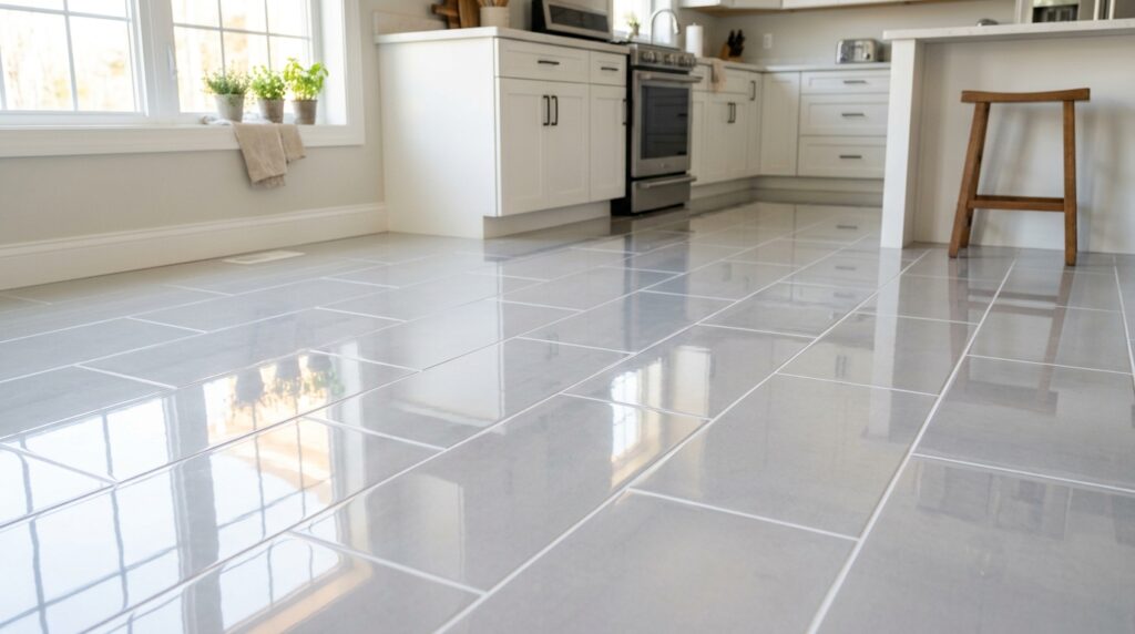 clean ceramic tile floor with bright white grout lines after proper cleaning