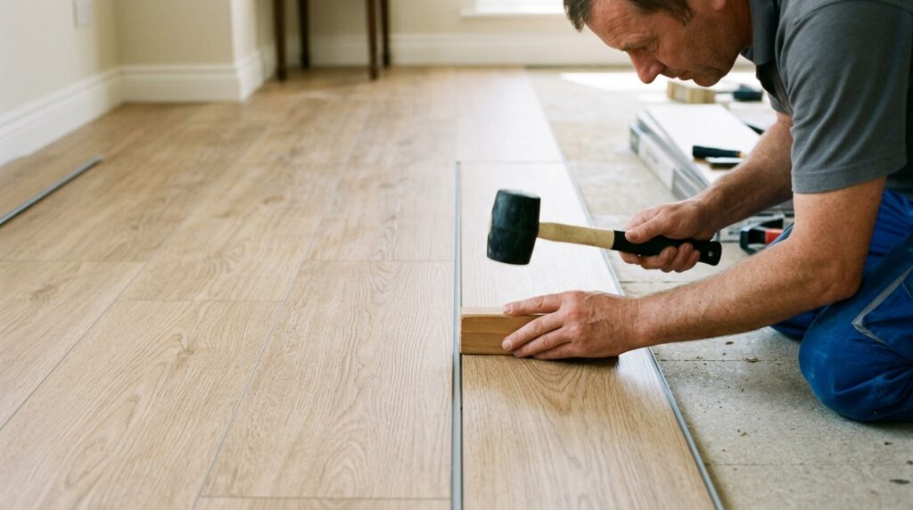 using tapping block and mallet to close gap between vinyl plank rows