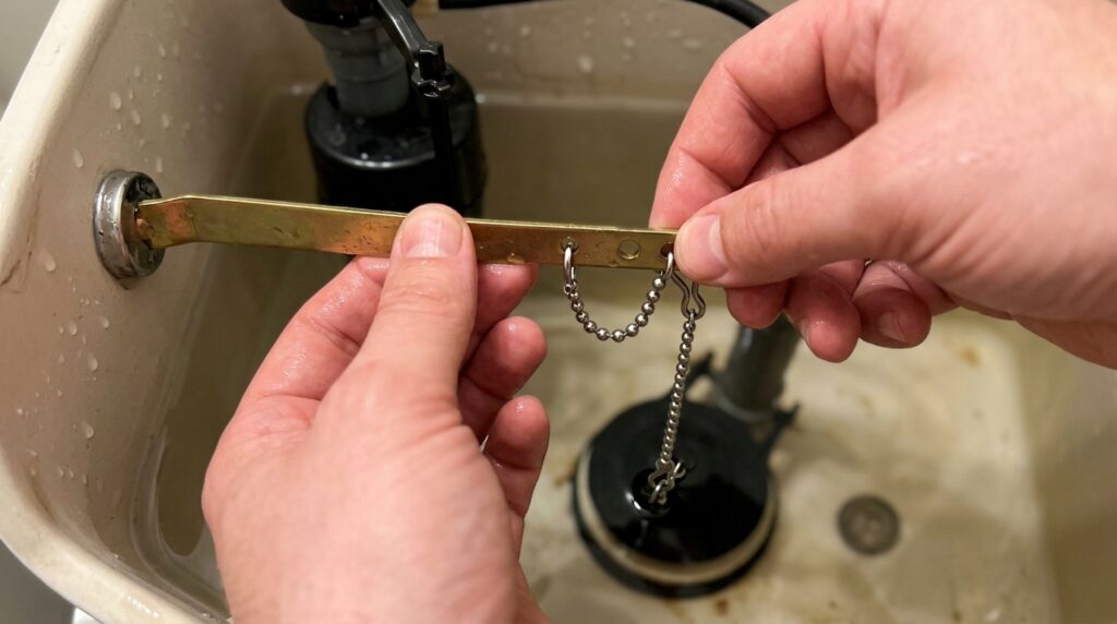 connecting toilet flapper chain to flush handle arm showing correct slack