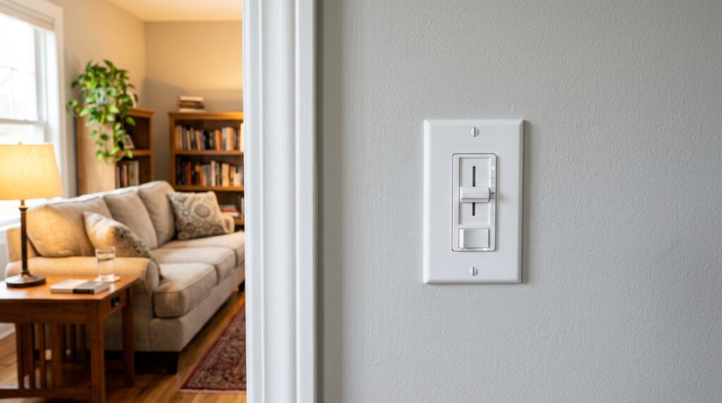 newly installed dimmer switch on wall with ambient lighting in background