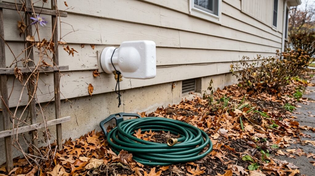 foam insulated cover installed over outdoor faucet hose bib for winter freeze protection