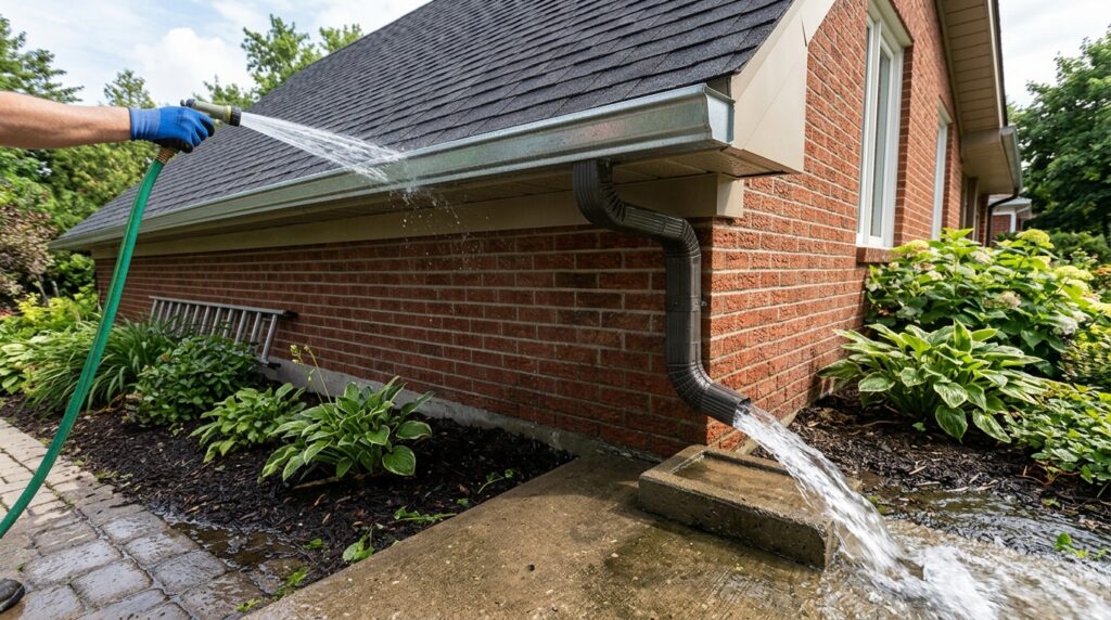 garden hose flushing clean gutter with water flowing toward downspout