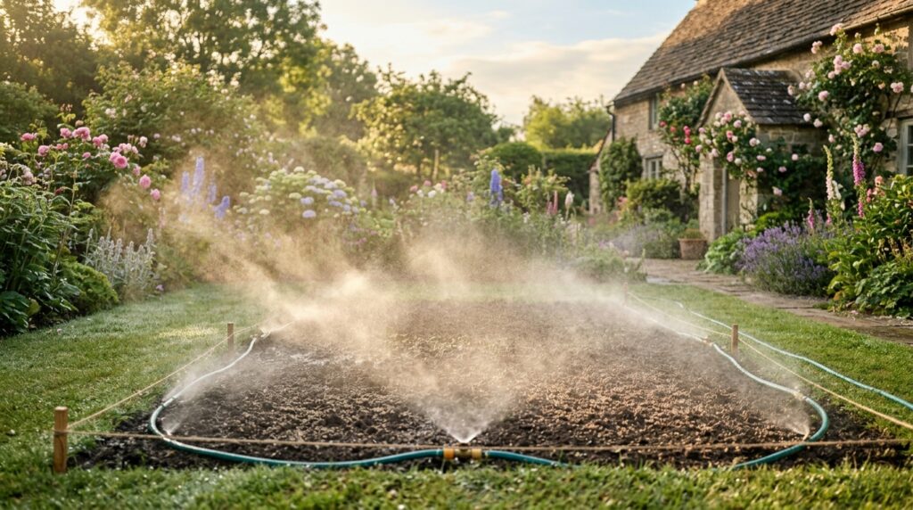 garden sprinkler lightly misting freshly seeded lawn area