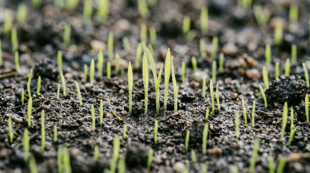 new grass seedlings emerging from soil showing successful germination after planting