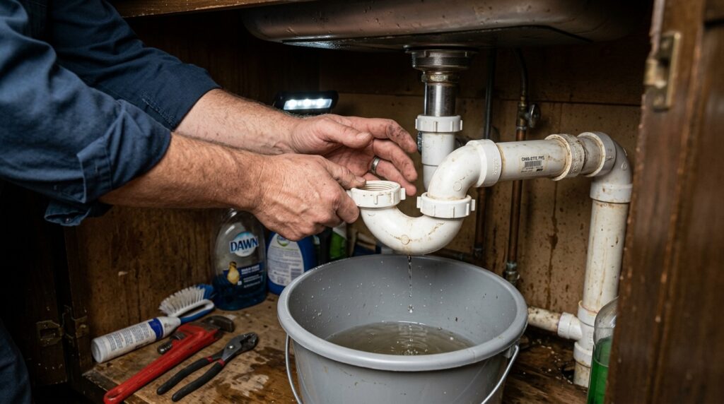 removing P-trap under kitchen sink to clear stubborn drain clog