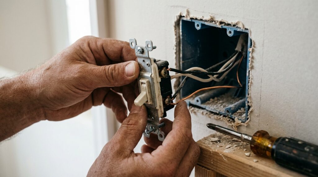removing old light switch from electrical box with wires attached