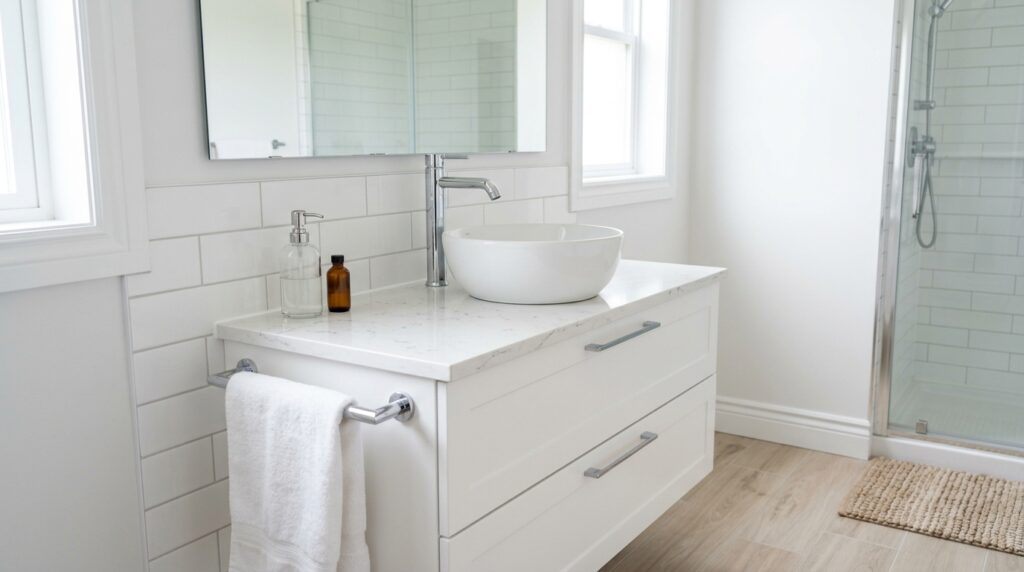 newly installed bathroom vanity with fresh caulk line where countertop meets wall