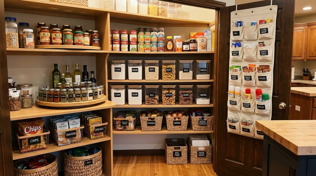 fully organized pantry with labeled clear bins categorized zones and lazy susan