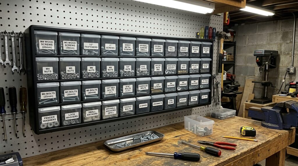 wall mounted parts organizer with labeled bins for screws bolts nuts and hardware in workshop