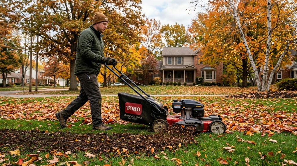 mulching mower shredding fallen leaves on lawn to return nutrients to soil