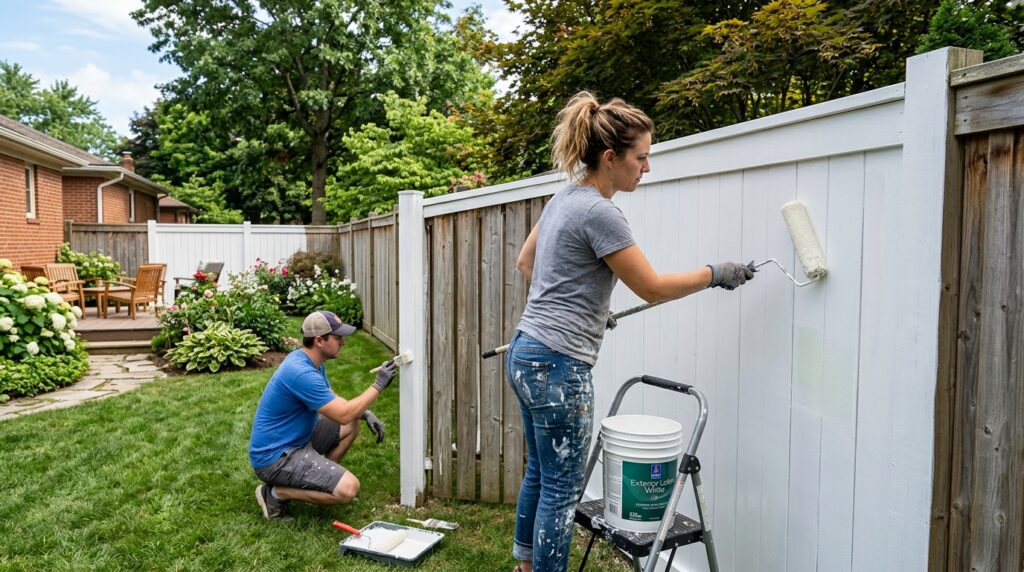 person using paint roller to apply exterior paint to wood privacy fence panel