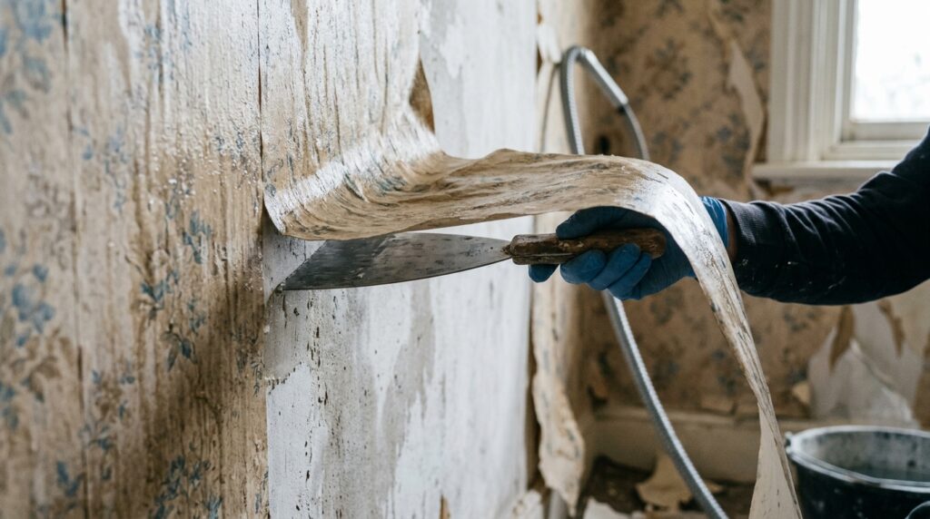wide putty knife removing wet wallpaper strip at low angle