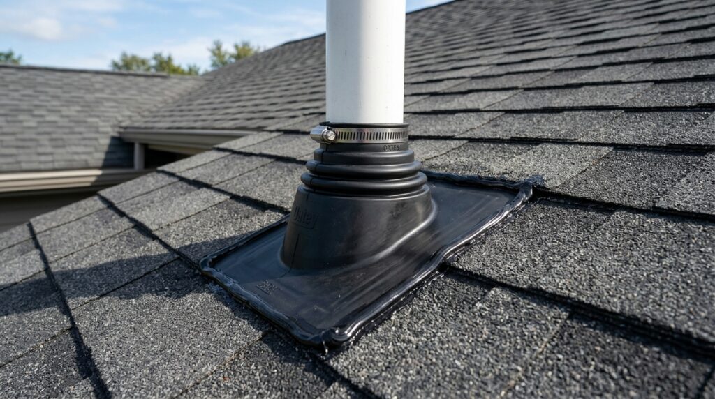 new rubber boot sealed around roof vent pipe to prevent leaks