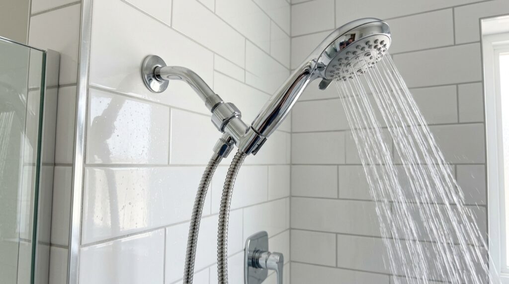 newly installed chrome shower head with clean water flow and no leaks at connection
