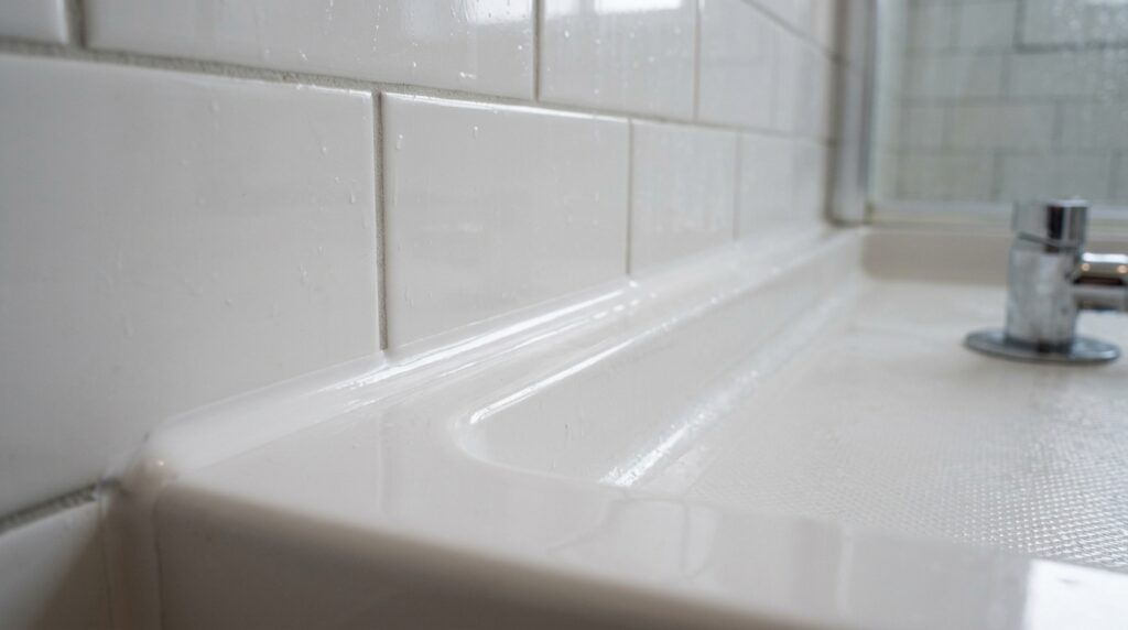 freshly smoothed white silicone caulk line along shower joint with clean straight edges