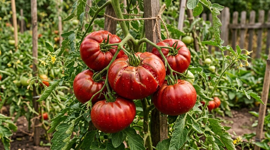 cluster of ripe red beefsteak tomatoes on vine ready for harvest in garden