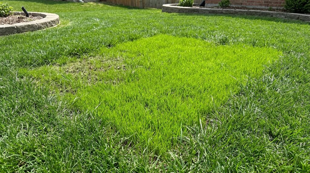 new grass seedlings filling in previously bare lawn patch after reseeding